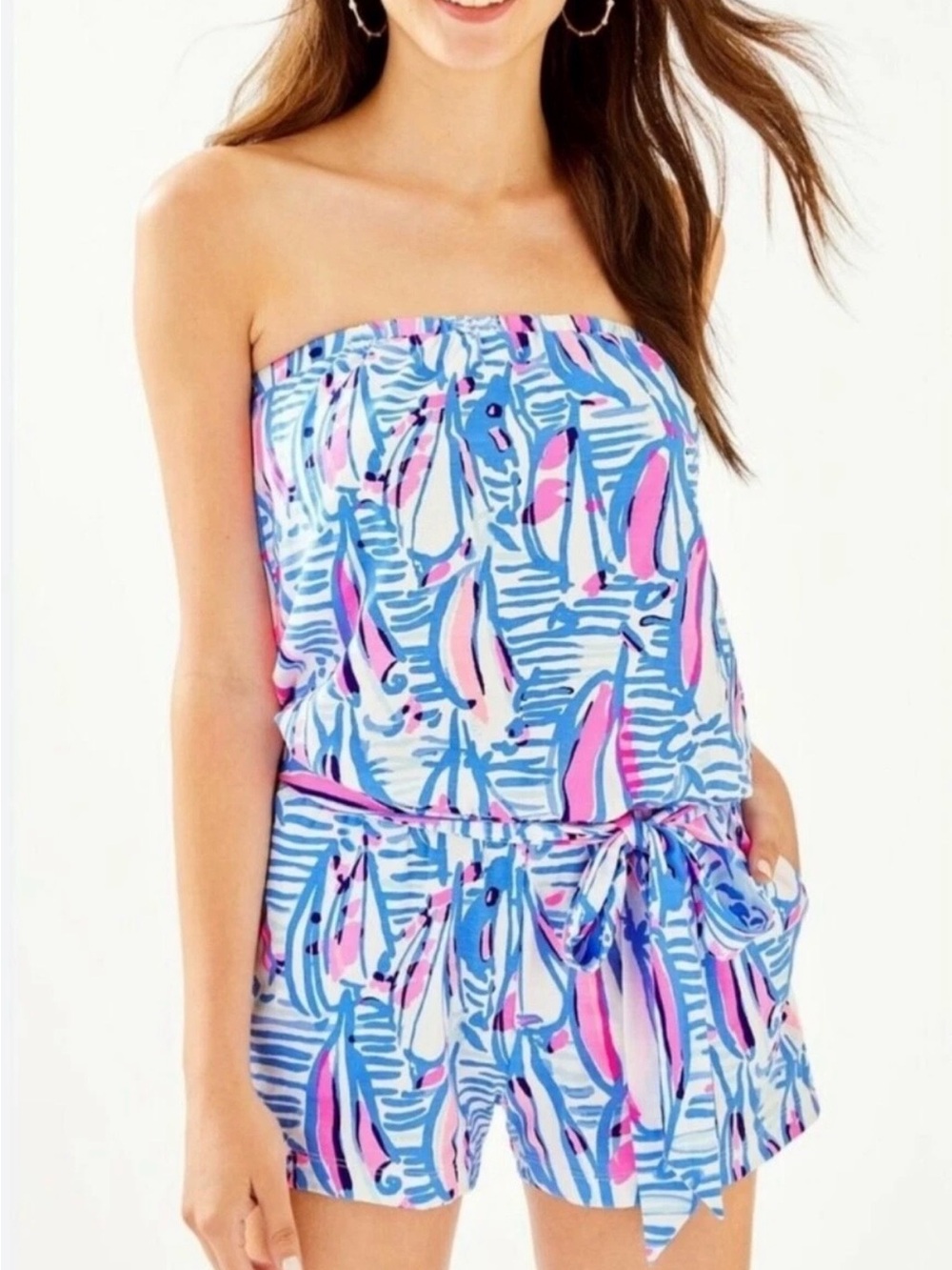 Lilly Pulitzer Strapless Blue & Pink Printed Romper with Self-Tie